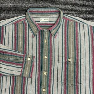 Vintage LL Bean Shirt Men XLT XL Tall ? Gray Striped Flannel Button Up Heavy 90s